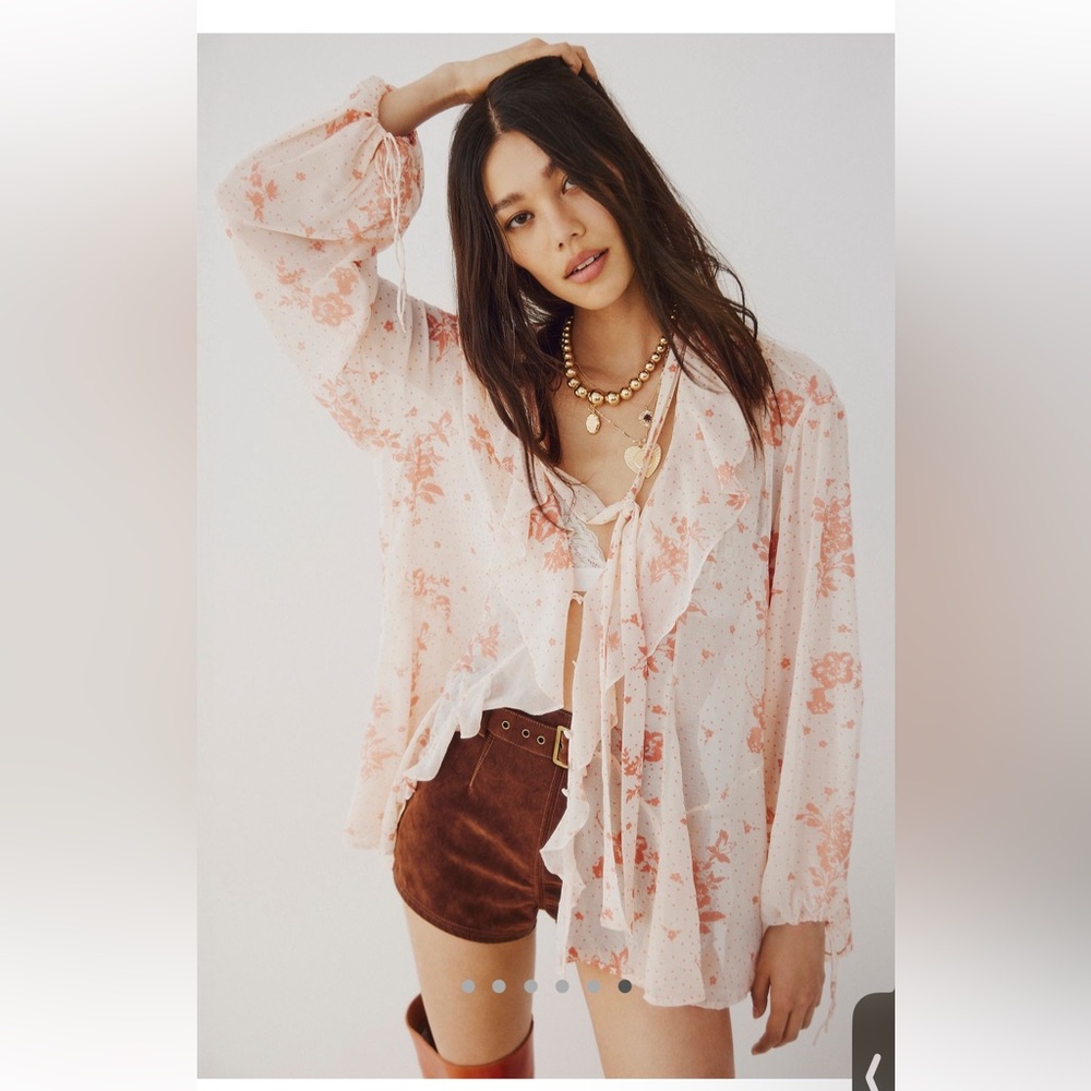 Free People Floral Ruffle Tie-Front Tunic Blouse